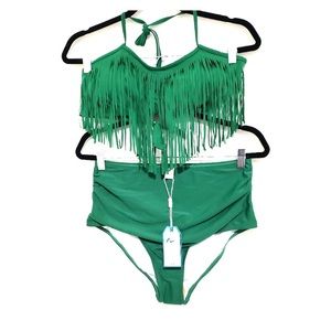 NWOT green fringe tassel high waist large bikini